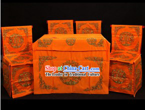 Traditional Chinese Opera Stage Performance Desk and Four Chairs Background