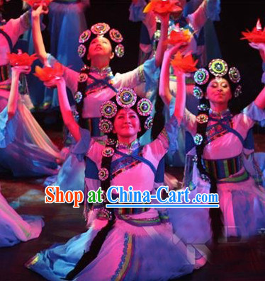 Professional Tibetan Dancing Costumes and Headwear Complete Set for Women