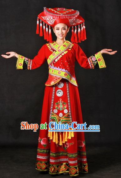 Top Zhuang Recital Dance Costumes and Hat Complete Set for Girls