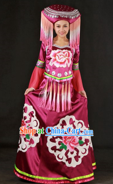 Big Peony Zhuang Ethnic Minority Recital Dance Costume and Headgear Complete Set