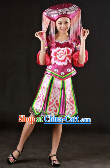 Stage Classical Zhuang Dancing Costumes and Headwear for Ladies