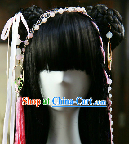 Chinese Traditional Black Cosplay Hanfu Wig and Hair Accessories for Girls