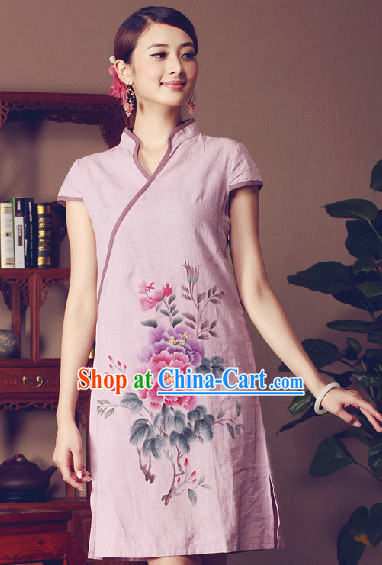 Hands Painted Peony Mandarin Traditional Garment for Women