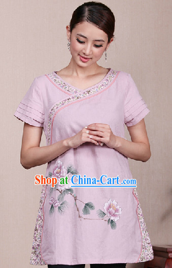 Hands Painted Lotus Mandarin Traditional Long Top for Women