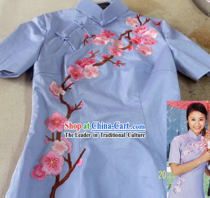 Chinese Classical Blue Cotton Embroidered Flower Long Qipao