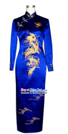 Chinese Classical Blue Phoenix Embroidery Long Cheongsam