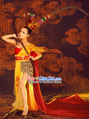 Ancient Chinese Female Monkey King Sun Wukong Costumes and Headpieces Complete Set