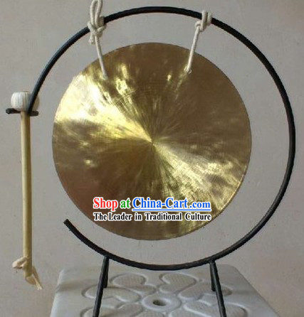 Traditional Chinese Gold Brass Gong and Stand Set