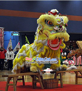 Yellow and White Long Wool Lion Dance Head and Costume Complete Set