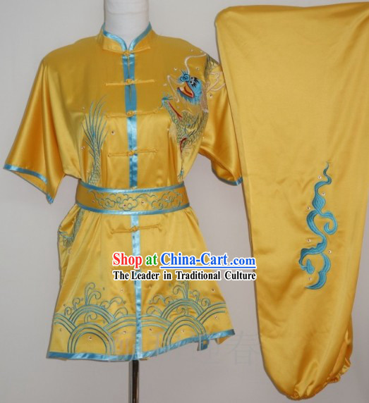 Yellow Dragon Embroidery Silk Martial Arts Shirt Pants and Belt for Middle School Teenagers