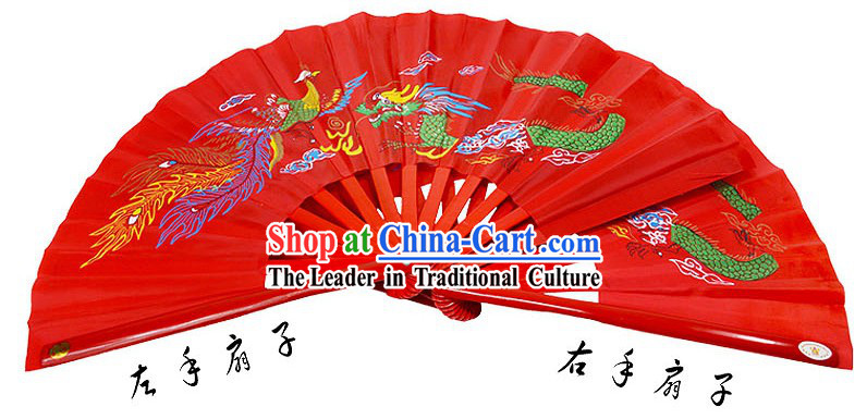 Red Traditional Wushu Double Fans for Right and Left Hands