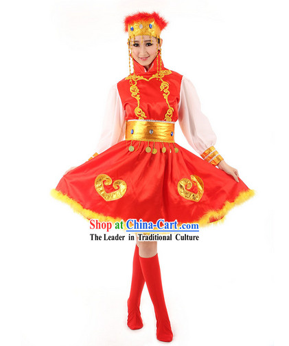 Mongolian Folk Female Dance Costumes and Hat