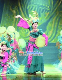 Chinese Ethnic Drum Dance Costume Dancewear and Headdress Complete Set