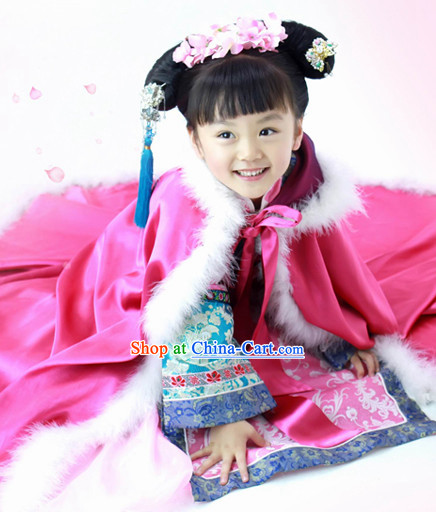 Chinese Qing Dynasty Princess Costume and Headdress for Children