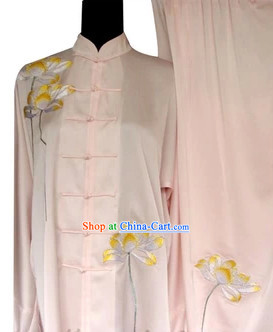 Professional Pink Lotus Embroidery Kung Fu Tai Chi Silk Uniform