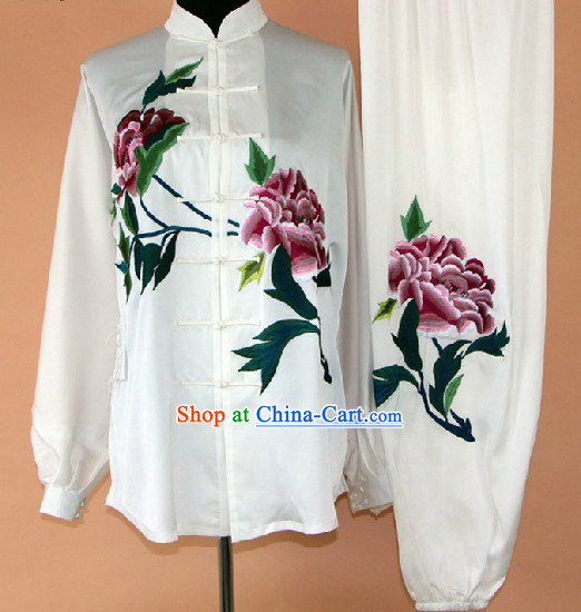 Embroidered Peony Silk Kung Fu Uniform Complete Set