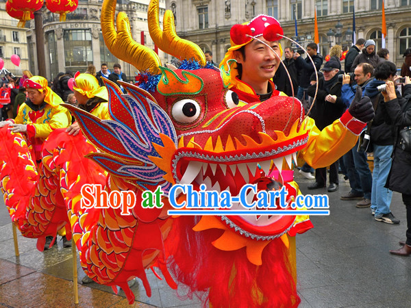 Traditional Chinese Red Dragon Dance Costumes for Four People