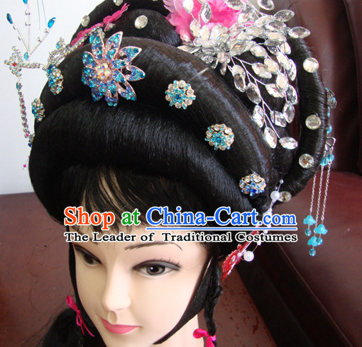 Chinese Opera Stage Theatrical Performances Hua Dan Black Long Wigs and Head Pieces