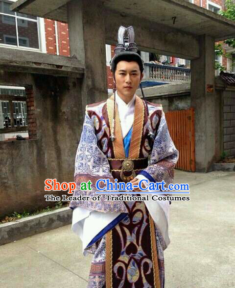 Ancient Chinese Shang Dynasty Prime Minster Costume Clothing Clothes Costume Garment Outfits and Hat Complete Set