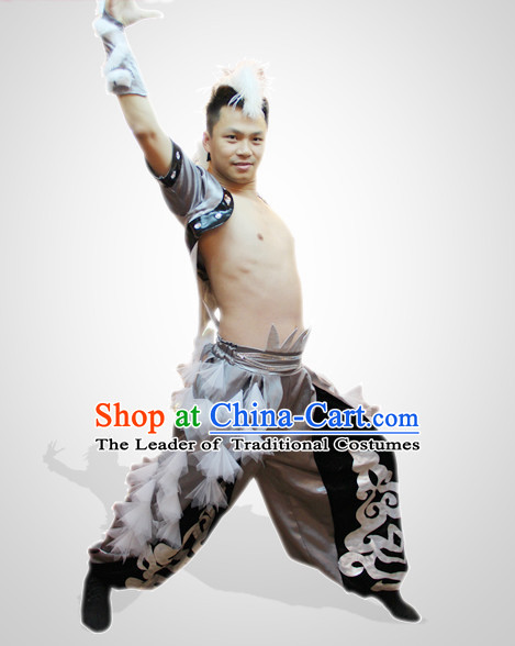 Chinese Folk Eagle Dance Costumes and Flower Headdress Props for Men