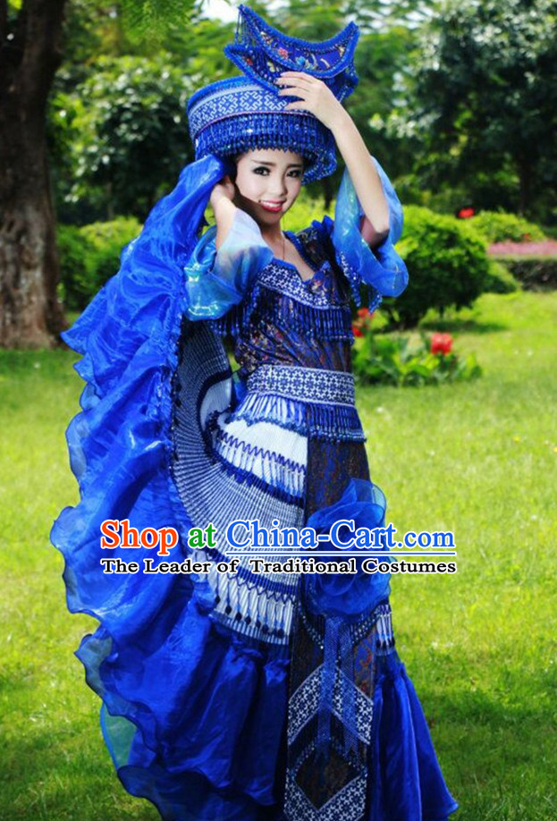 Traditional Chinese Miao Tribe Clothing Suits Garment Outfits and Hat Complete Set for Women or Girls