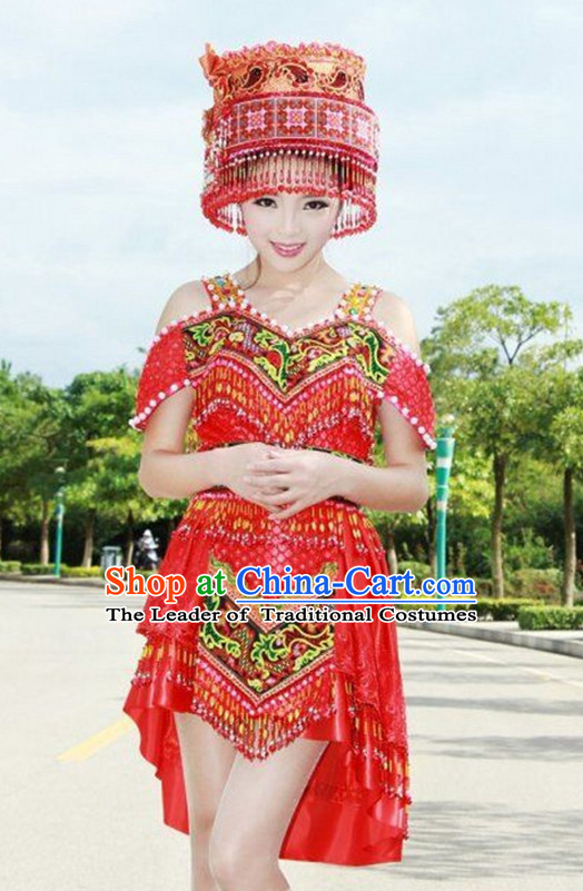 Traditional Chinese Miao Tribe Clothing Suits Garment Outfits and Hat Complete Set for Women or Girls