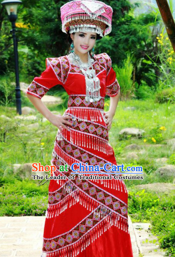 Traditional Chinese Miao Tribe Clothing Suits Garment Outfits and Hat Complete Set for Women or Girls