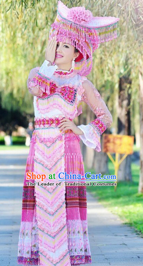 Traditional Chinese Miao Tribe Clothing Suits Garment Outfits and Hat Complete Set for Women or Girls