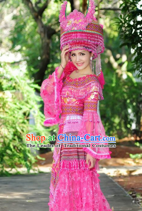 Traditional Chinese Miao Tribe Clothing Suits Garment Outfits and Hat Complete Set for Women or Girls