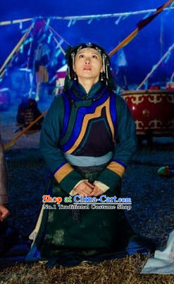 Traditional Mongolian Long Robe and Headwear for Girls