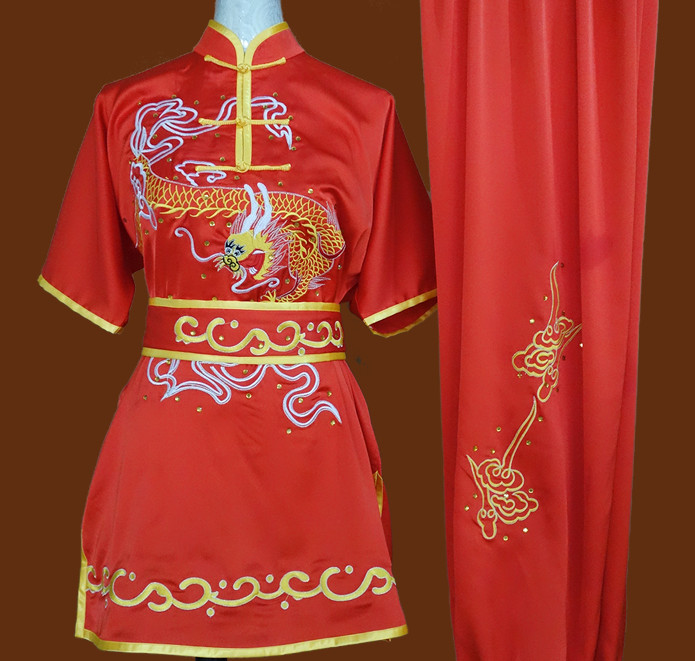 China Red Top Dragon Embroidery Martial Arts Competition Clothes Complete Set