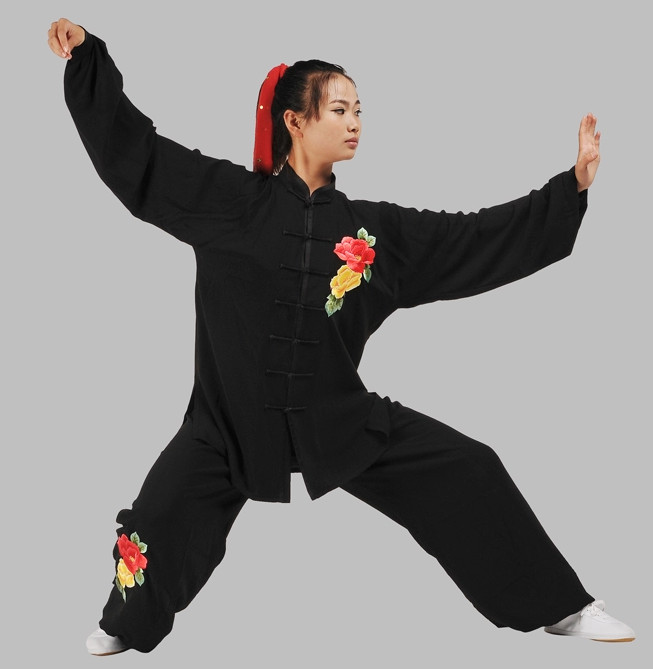 Black Velvet Embroidery Floral Kung Fu Suit Complete Set for Women