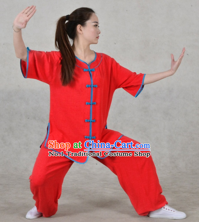 Plain Red Color Top Asian China Taiji Short Sleeves Uniform for Women