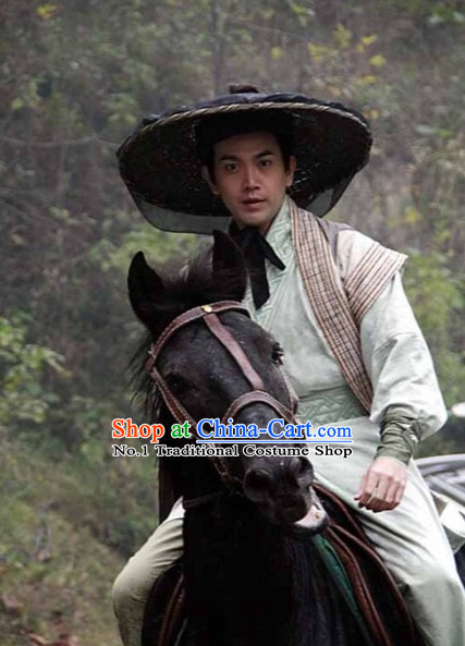 Chinese Swordman Costumes and Bamboo Hat Complete Set for Men