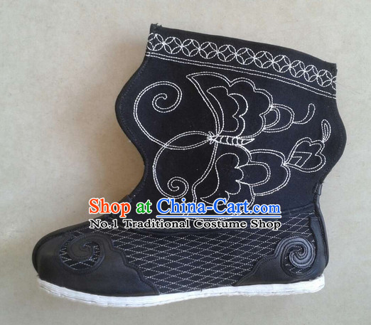 Handmade Chinese Traditional Ancient Warrior Wrestler Men Black Leather Boots Footwear