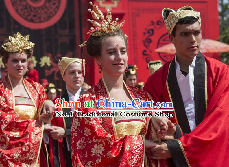 Asian Chinese Red Wedding Custom Made Costumes and Phoenix Headdresses for Women