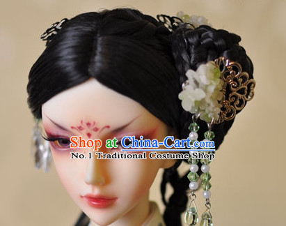 Traditional Chinese Women's Black Wig and Hair Jewelry