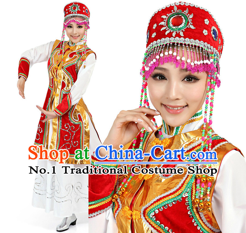 Chinese Meng Gu Dance Costumes Apparel Dance Stores Dance Gear Dance Attire and Hair Accessories Complete Set for Women