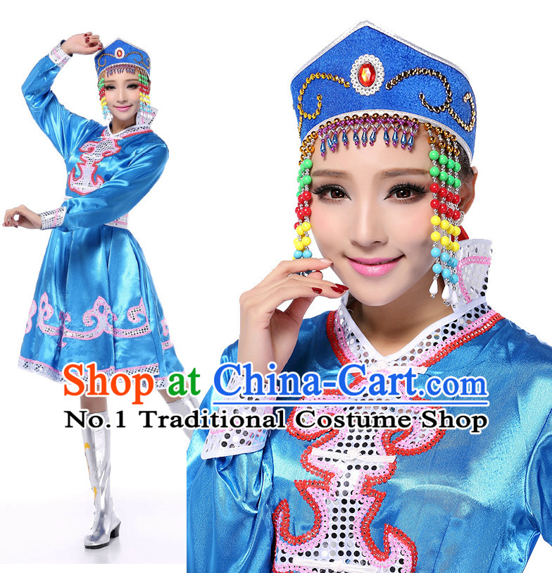 Chinese Meng Gu Dance Costumes Apparel Dance Stores Dance Gear Dance Attire and Hair Accessories Complete Set for Women