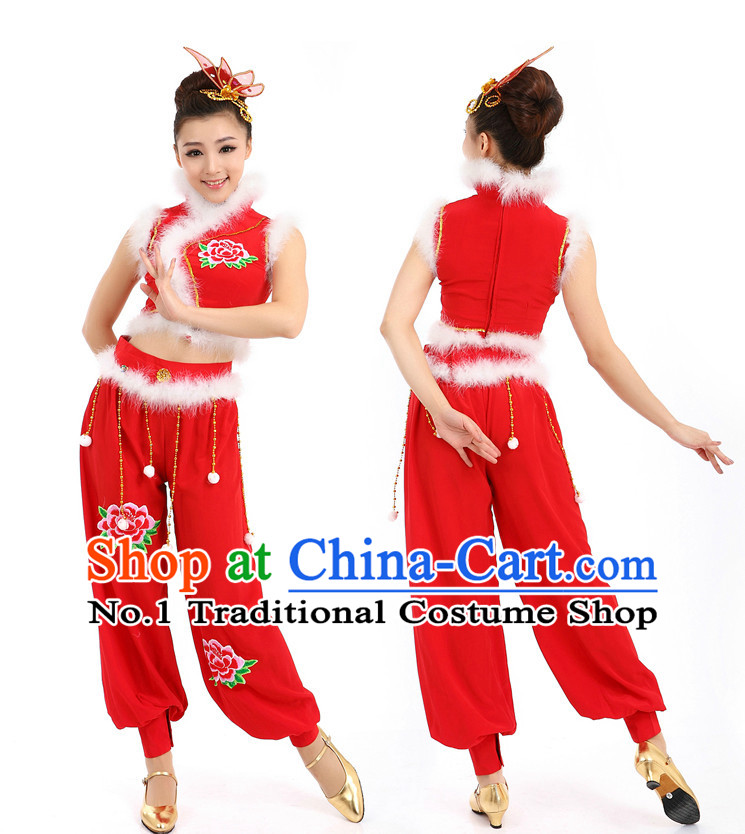 Chinese New Year Dancing Costumes Apparel Dance Stores Dance Gear Dance Attire and Hair Accessories Complete Set for Women