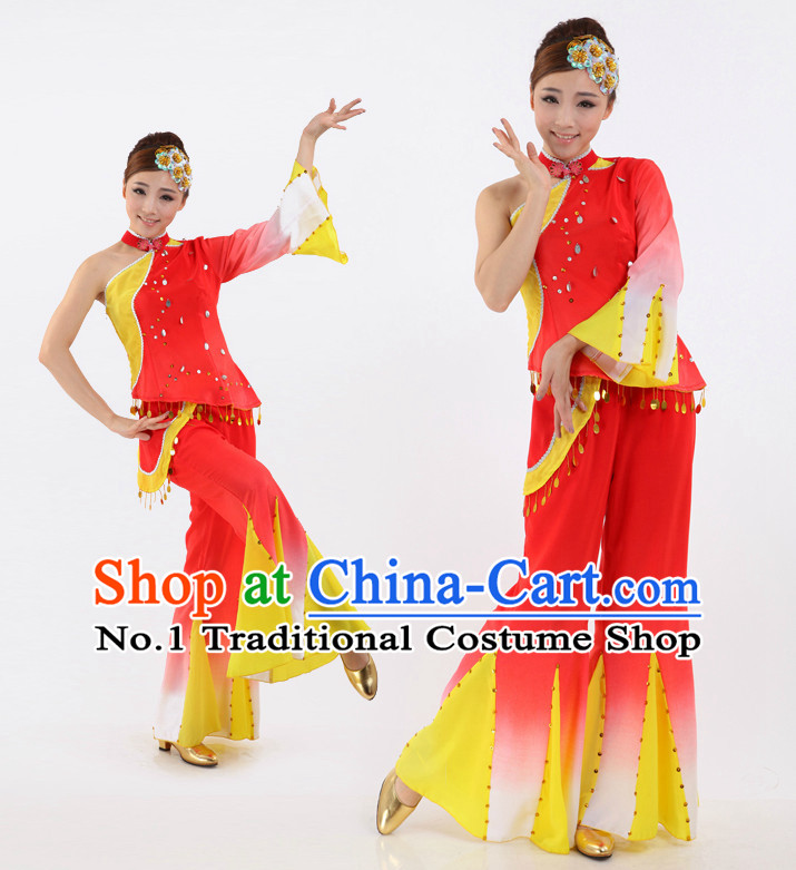 Chinese Stage Fans Costumes Apparel Dance Stores Dance Gear Dance Attire and Hair Accessories Complete Set