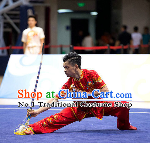 Top Red Giant Dragon Embroidery Martial Arts Uniform Supplies Kung Fu Southern Swords Broadswords Championship Competition Uniforms for Men