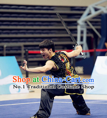 Top Embroidered Kung Fu Broadsword Costume Martial Arts Broadswords Combat Costumes Kickboxing Equipment Superhero Apparel Karate Clothes Complete Set for Men