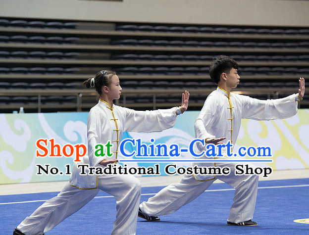 Top White Tai Chi Costumes Taijiquan Costume Aikido Chikung Tichi Uniforms Quigong Uniform Thaichi Martial Art Qi Gong Combat Clothing Competition Uniforms for Women or Men