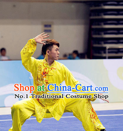 Top Embroidered Dragon Tai Chi Swords Championship Costumes Taijiquan Uniforms Quigong Uniform Thaichi Martial Arts Qi Gong Kung Fu Combat Clothing Competition Clothes for Men