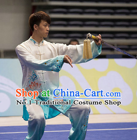 Top Embroidered Dragon Tai Chi Swords Championship Costumes Taijiquan Uniforms Quigong Uniform Thaichi Martial Arts Qi Gong Kung Fu Combat Clothing Competition Clothes for Men