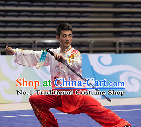 Top Embroidered Dragon Tai Chi Swords Championship Costumes Taijiquan Uniforms Quigong Uniform Thaichi Martial Arts Qi Gong Kung Fu Combat Clothing Competition Clothes for Men