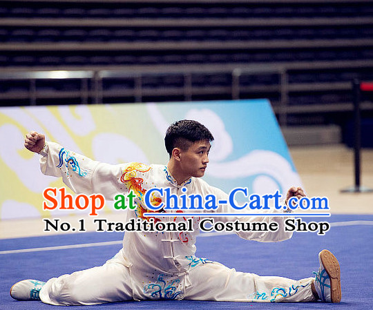 Top Embroidered Dragon Tai Chi Swords Championship Costumes Taijiquan Uniforms Quigong Uniform Thaichi Martial Arts Qi Gong Kung Fu Combat Clothing Competition Clothes for Men