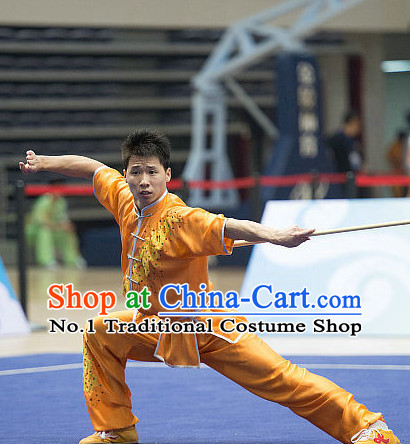 Top Orange Kung Fu Stick Competition Uniforms Kungfu Training Suit Kung Fu Clothing Kung Fu Movies Costumes Wing Chun Costume Shaolin Martial Arts Clothes for Men