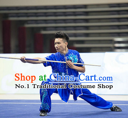 Top Embroidered Kung Fu Stick Competition Uniforms Kungfu Training Suit Kung Fu Clothing Kung Fu Movies Costumes Wing Chun Costume Shaolin Martial Arts Clothes for Men